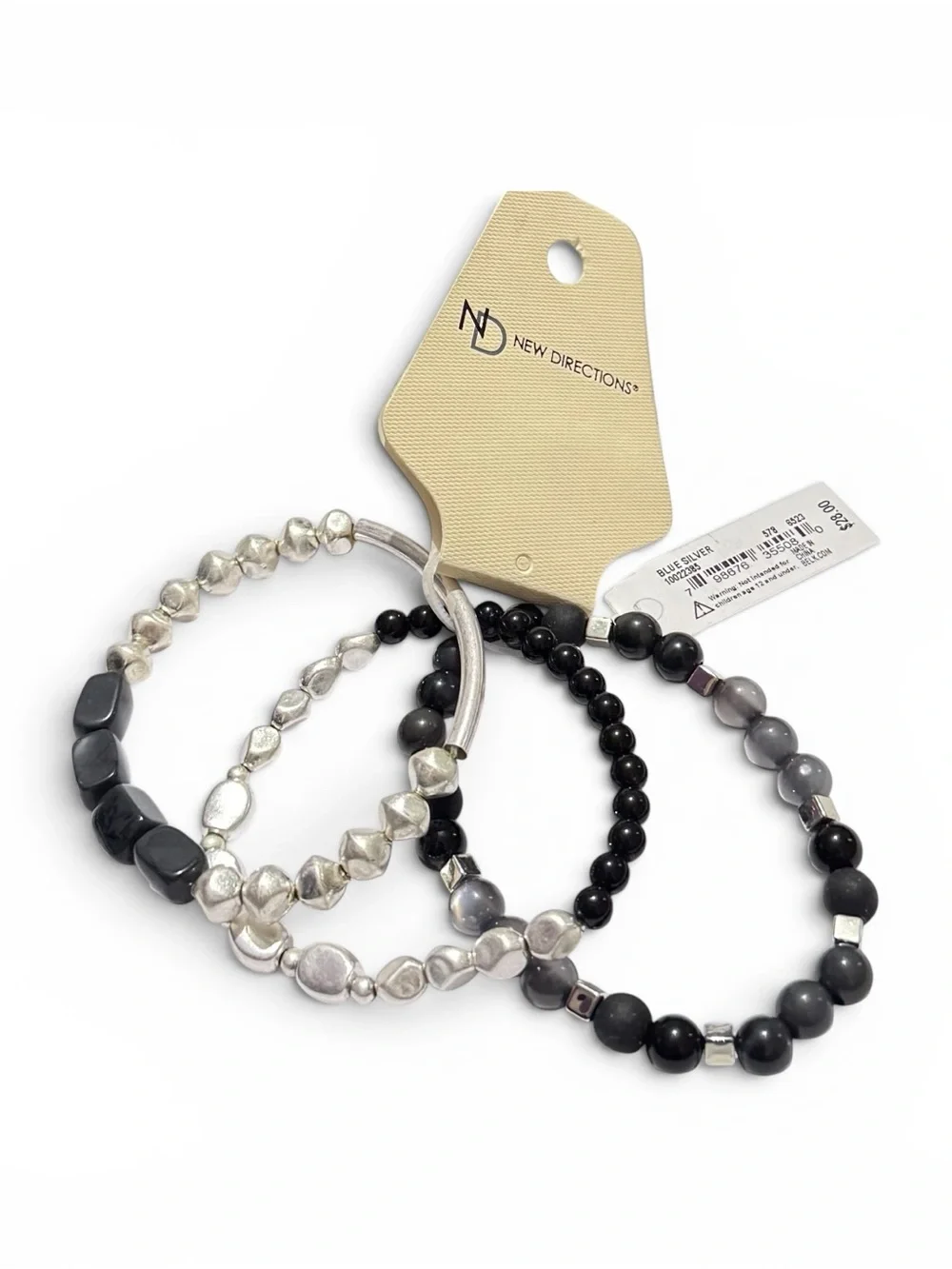 New Directions 3 piece Stacked Silver & Black Beaded Bracelet Set